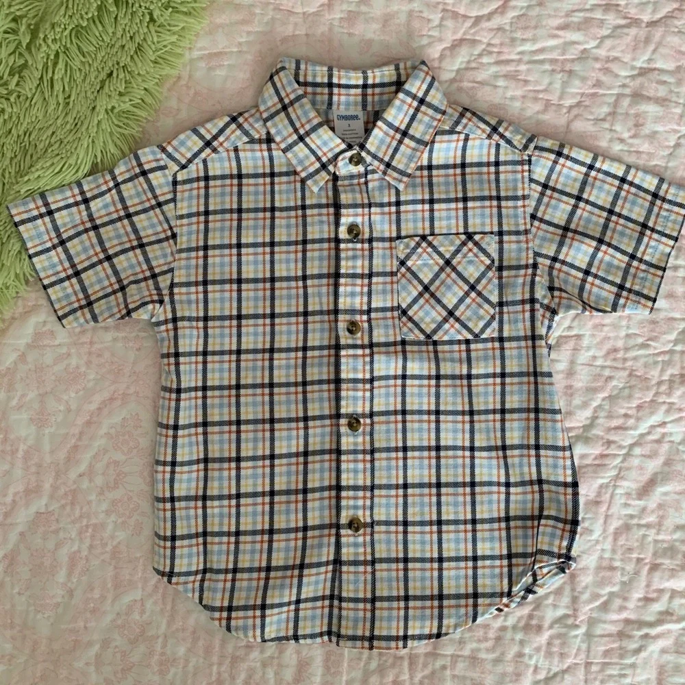Vintage Gymboree Button Down Shirt Boys 3 White Blue Orange Plaid Short Sleeves